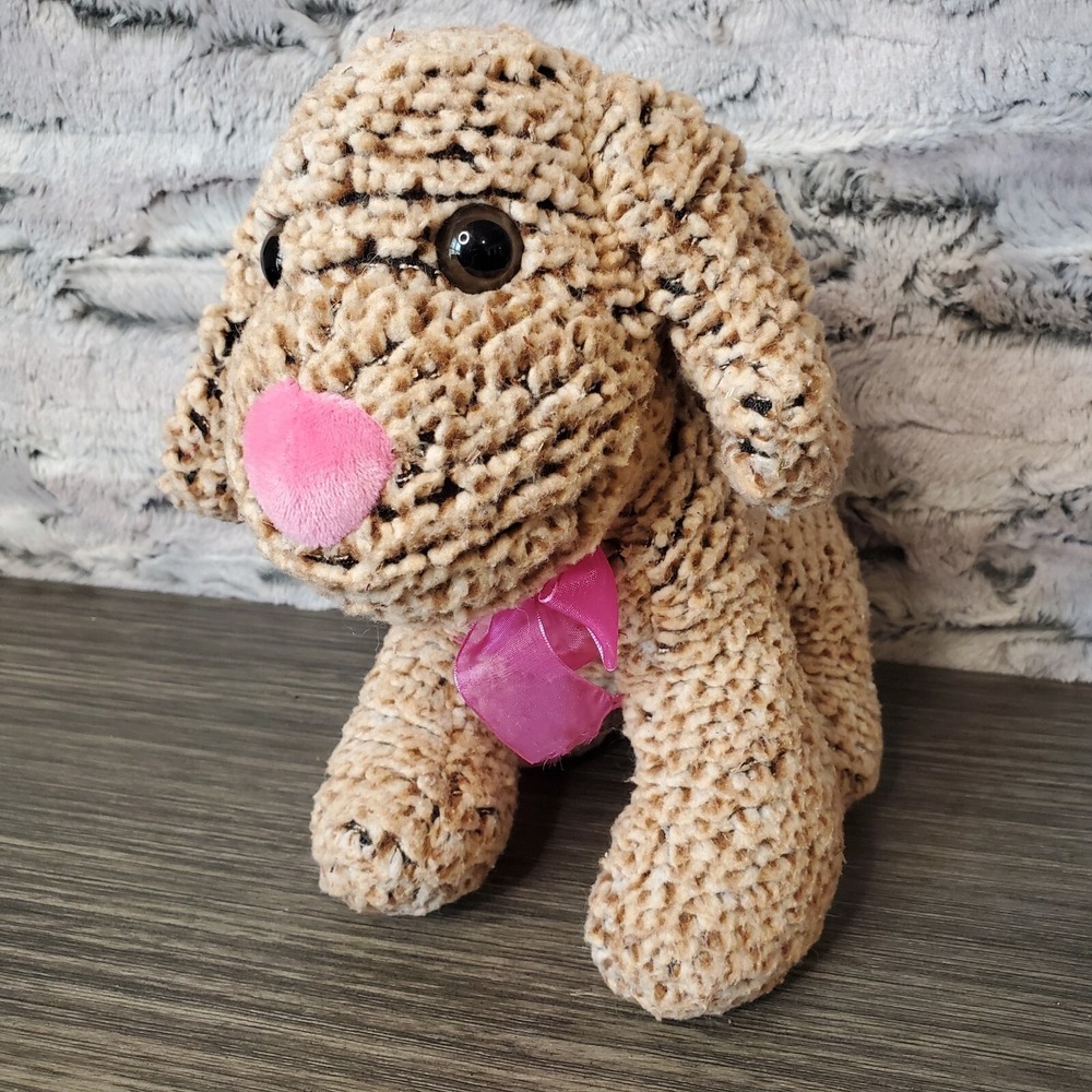 Goffa Plush Brown Puppy Sitting Dog Pink Nose Bow and Paws Stuffed Toy 9"